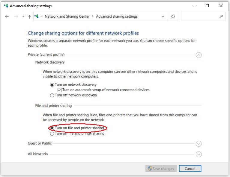 Windows 10 Advanced sharing settings
