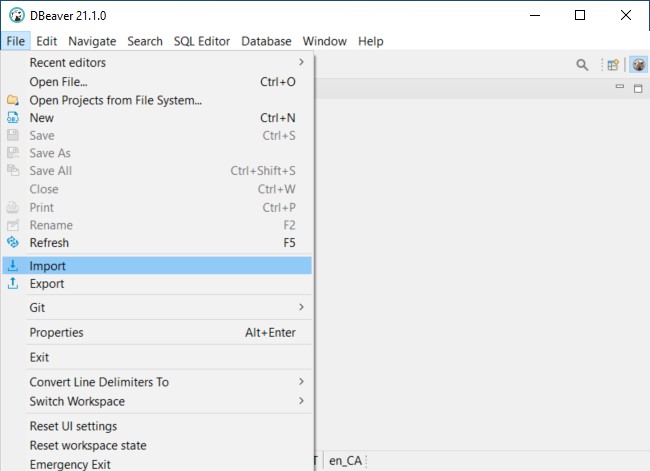 DBeaver Import Menu Item
