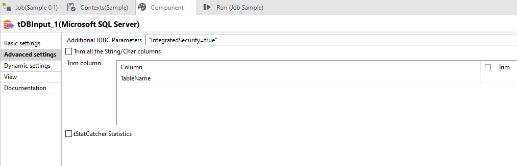 tMSSqlInput Talend component advanced settings