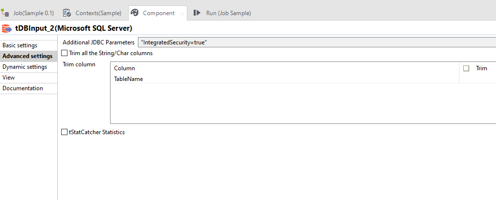 tMSSqlInput Talend component advanced settings