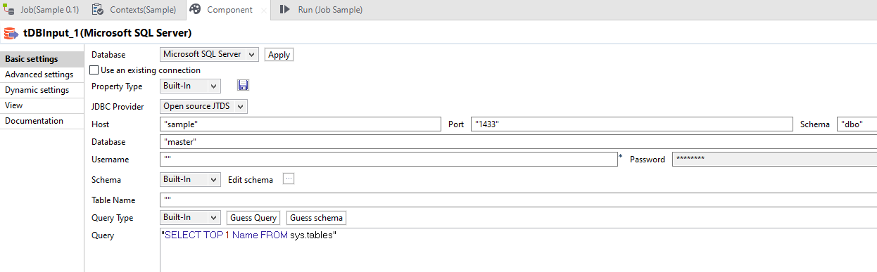 tMSSqlInput Talend component basic settings