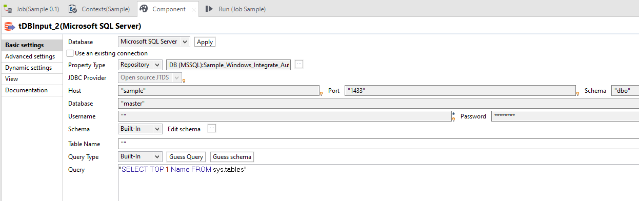 tMSSqlInput Talend component basic settings