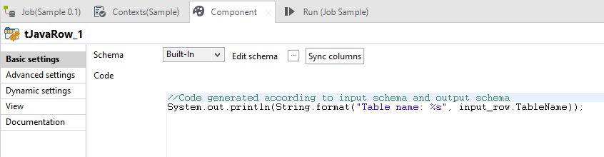 tJavaRow Talend component settings