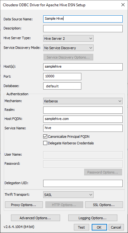 Cloudera ODBC driver for Apache Hive DSN Setup