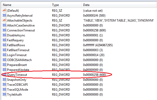 Registry Editor query timeout setting