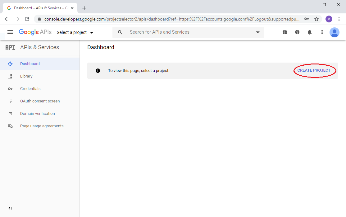 Google Developer Console Landing Screen