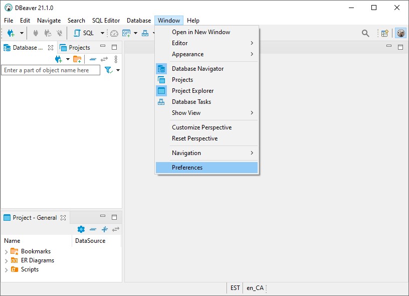 DBeaver Preferences in Windows menu