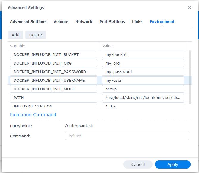 Add InfluxDB Environment Variables in Advanced Settings in Synology NAS