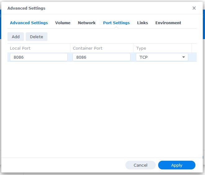 Assign Local InfluxDB Port in Advanced Settings in Synology NAS