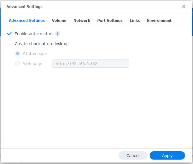 Enable Auto-start in Advanced Settings in Docker Image in Synology NAS