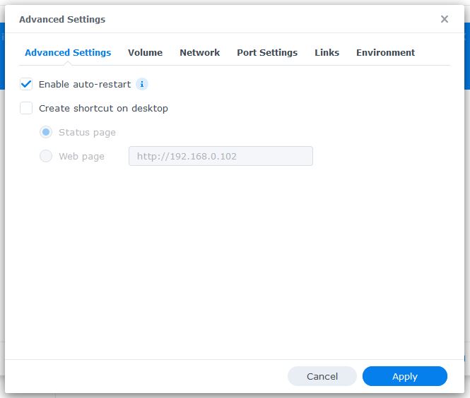 Enable Auto-start in Advanced Settings for InfluxDB in Docker Image in Synology NAS