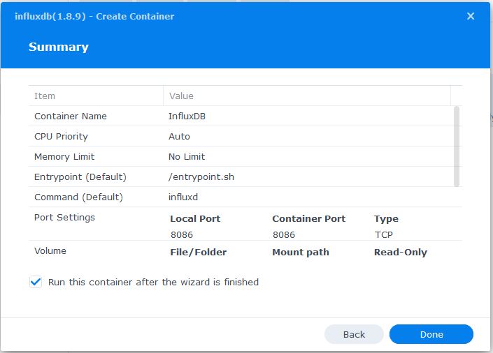 InfluxDB Docker Image Final Step in Synology NAS