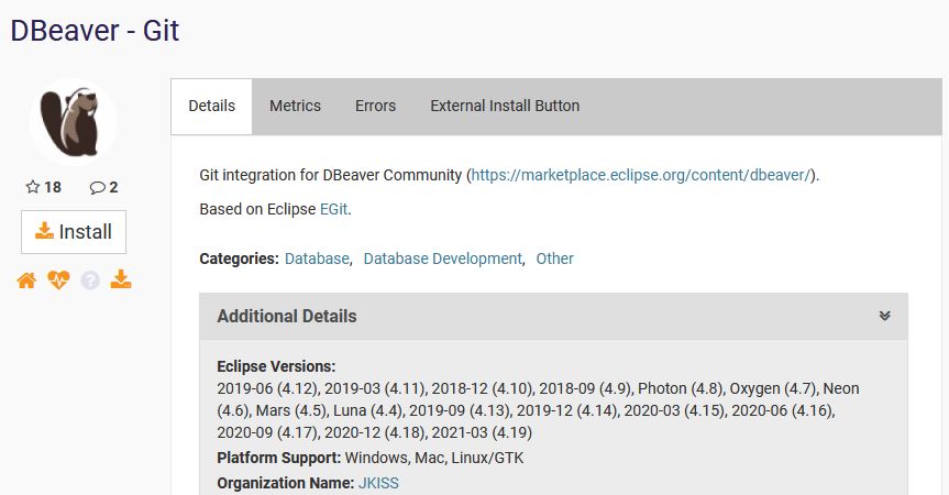 DBeaver Git Extension Eclipse Marketplace
