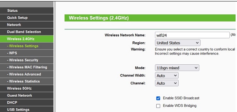 Wireless Settings 2.4GHz